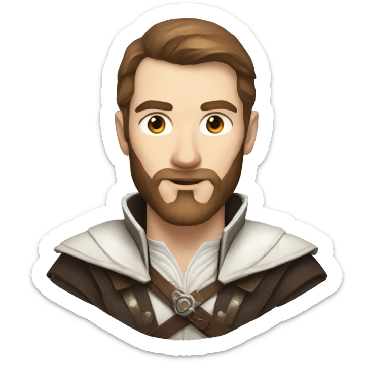 portrait of handsome pale man with brown hair and beard as assassins creed uniform sticker