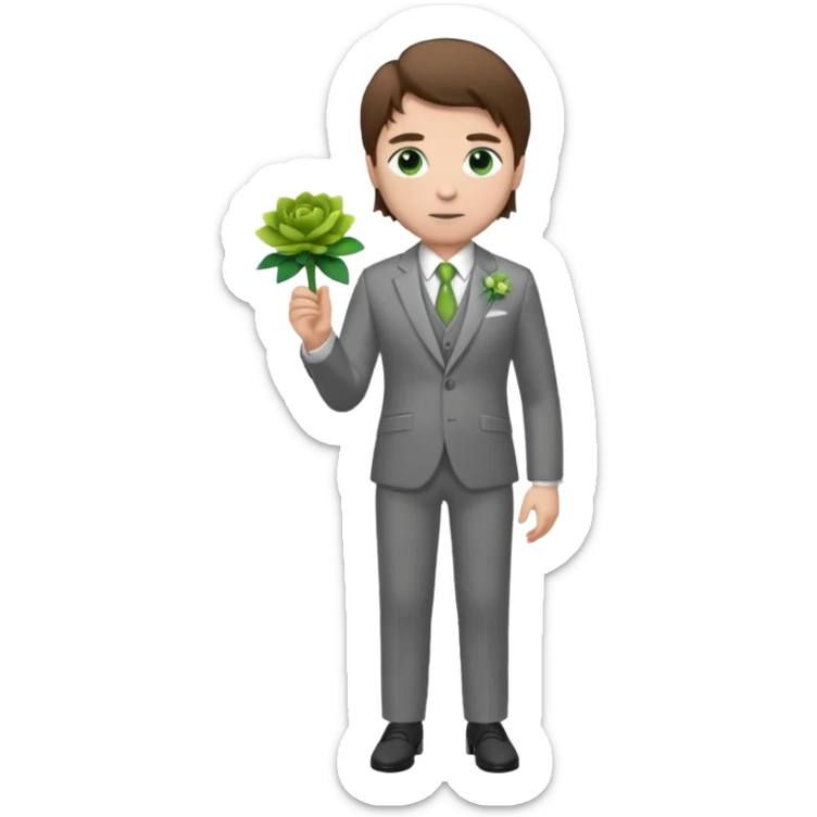 Chico blanco, pelo castaño, ojos verdes, traje boda gris y flor solapa , cuerpo entero sticker