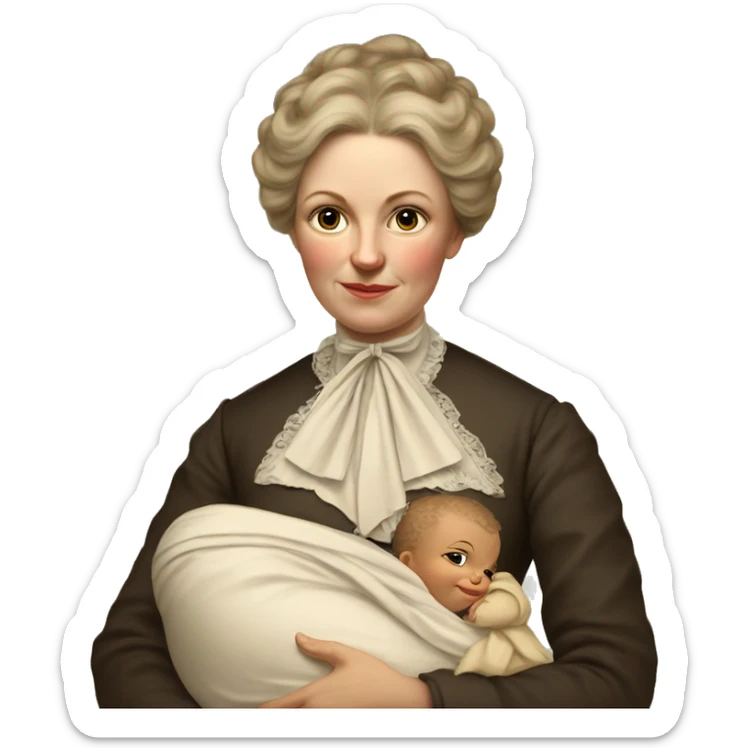 A 19th century white woman with a baby in her arms. There is a big letter "A" on the dress sticker