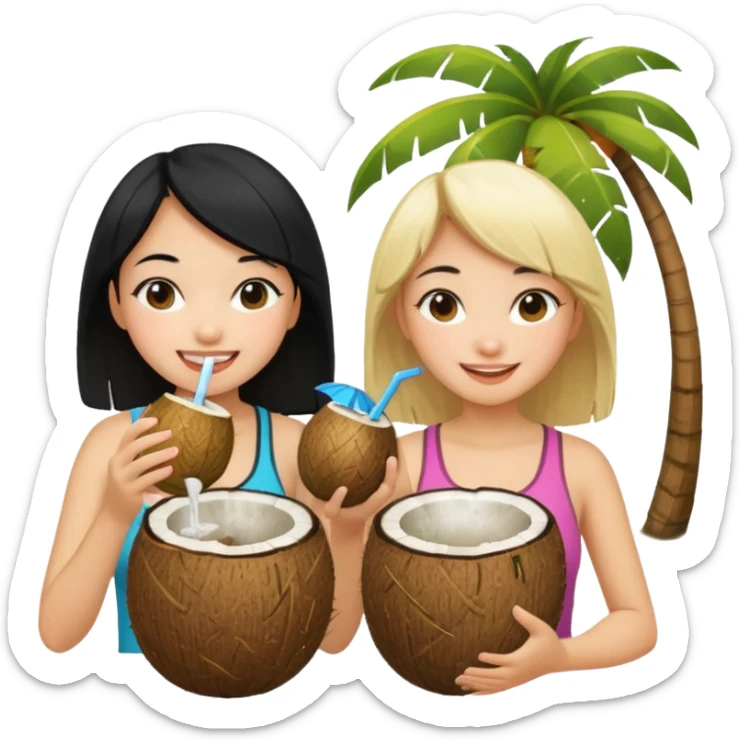 Two girls drinking out of a coconut one is Asian with black hair the other is white with blonde hair  sticker