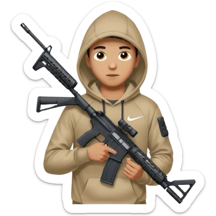 
Fais moi un jeune taliban qui ressemble qui tient une AR15 avec un hoodie a capuche, capuché, avec la cagoule nike therma fit hood sticker
