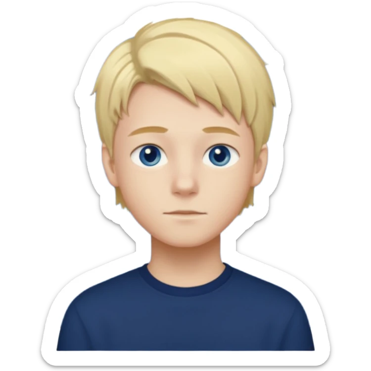 A portrait of a 14-year-old boy, he's got fair blond and yellowish ivy league hair, fair skin and blue eyes. he's wearing a dark blue longsleeve. he's calm. sticker