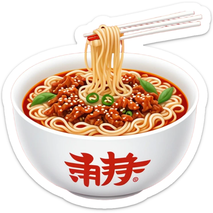 Chengdu Dan Dan Noodles with minced pork and chili oil, simplified emoji style with bold outlines and bright colors, cartoon style Sichuan street food in bowl sticker