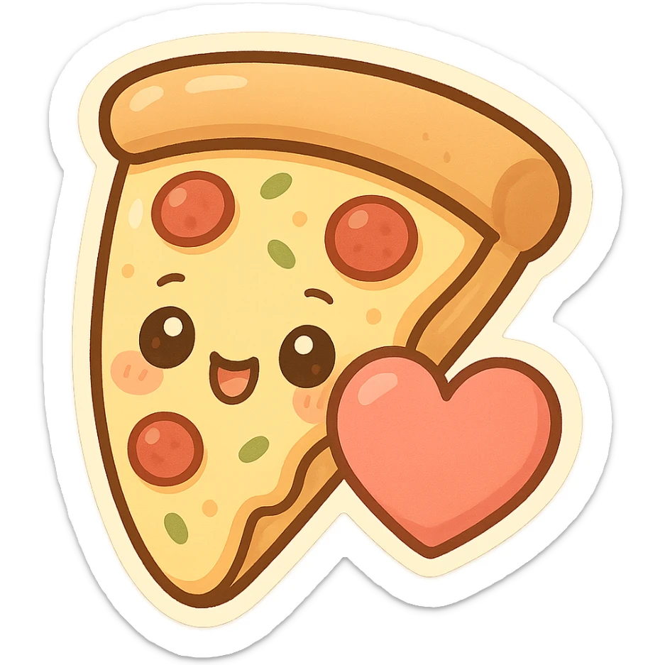 chibi sticker-style slice of pizza with a big heart, cute and exaggerated sticker