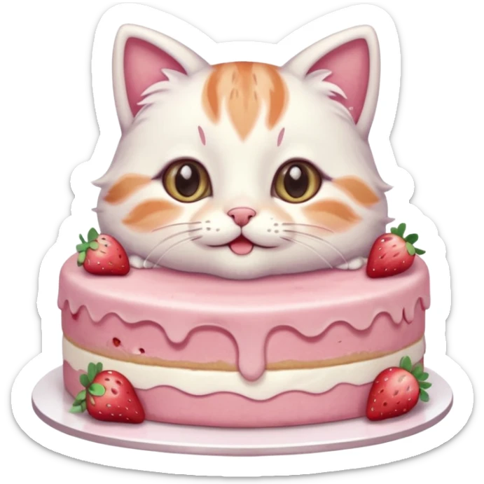 A cute cat happily eating a slice of strawberry cake, pastel color palette, soft shading, big sparkling eyes, kawaii style, highly detailed digital illustration, cozy atmosphere
, sticker