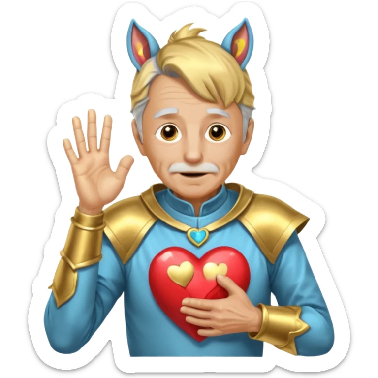 An elderly man with golden skin, his body shining like polished metal, wearing a horse cosplay costume with horse ears and a tail. He is making a heart shape with his hands and blushing slightly, showing a shy and embarrassed expression. sticker