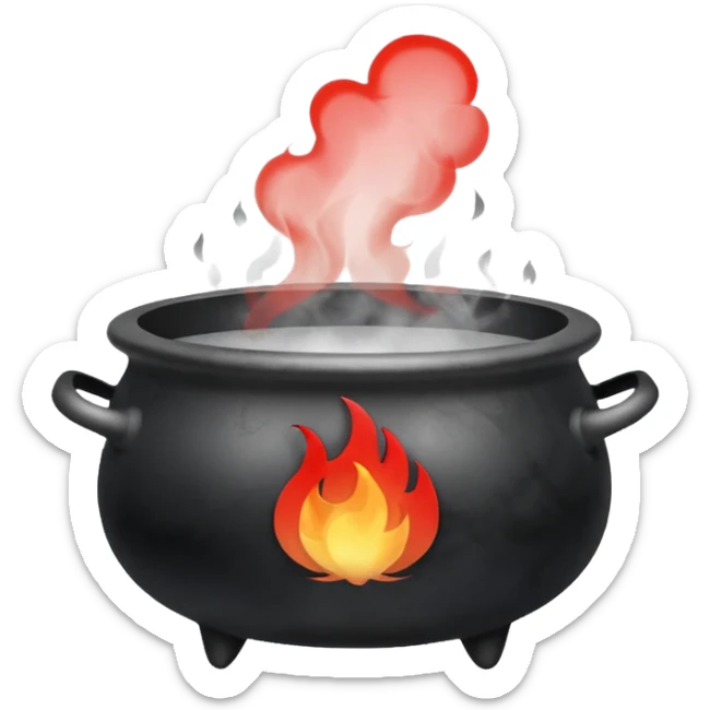 A black cauldron with lot of smoke rising, and the white YouTube play button logo floating above the smoke, red fire on the bottom sticker