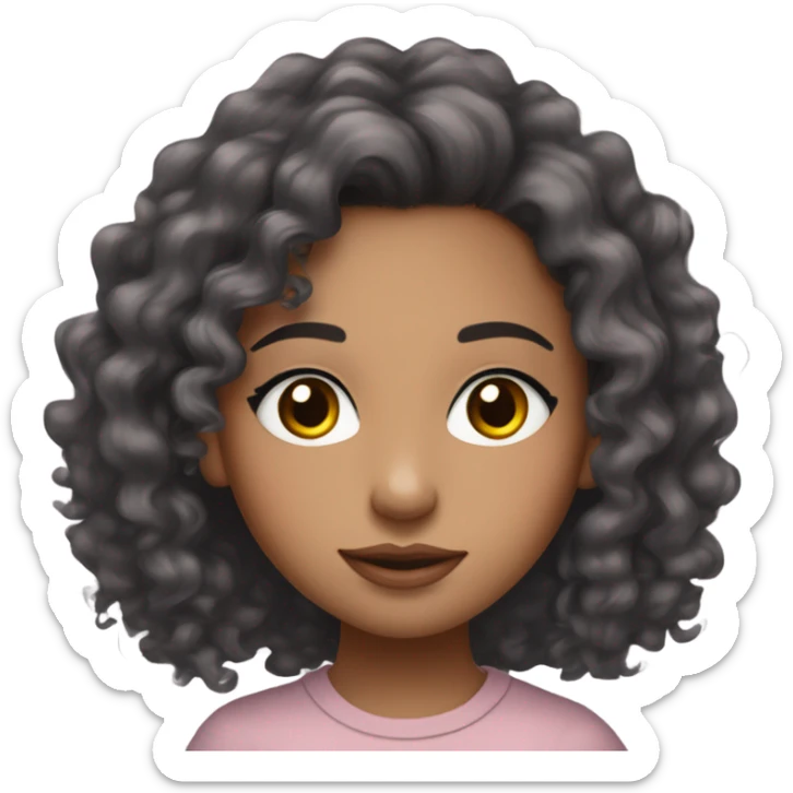mixed girl with thin chest black long wavy curly hair and brown eyes and has long lashes on and noticeable blush and her lips are pink NOT BROWN and shes wearing a tight grey long sleeve top sticker