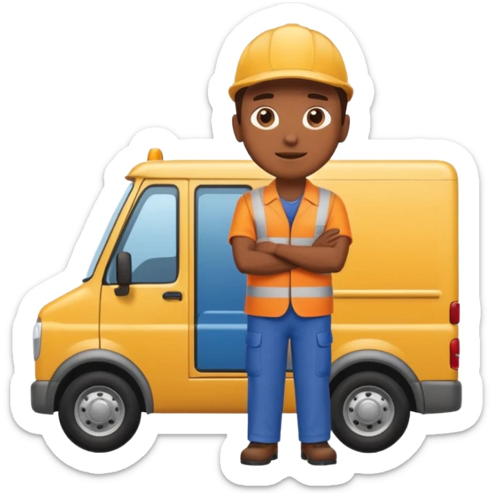 emoji of delivery truck with empty cargo area and a delivery man is standing nearby in waiting pose, dressed in work uniform sticker