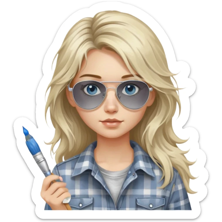 girl with long blond messy hair, "white paint on her face" wearing grey plaid shirt with blue eyes and aviator sunglasses wearing a ring on her silver necklace, holding a paint brush roller sticker