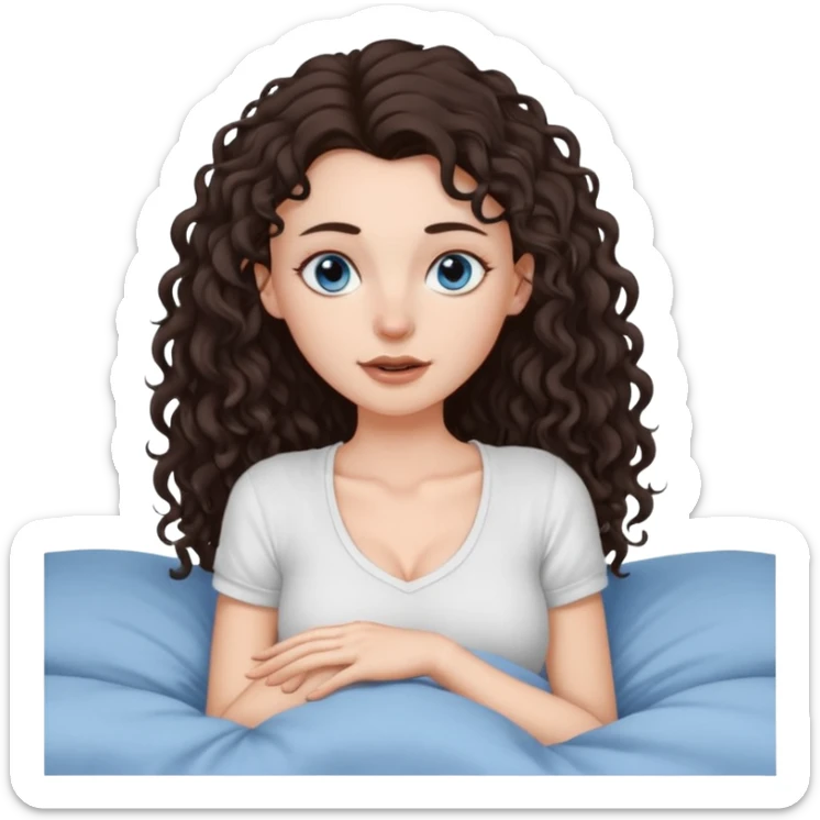 white girl, dark brown long slightly curly hair , skinni but with big breast , septum piercing on nose, beautiful dark gray-blue eyes, showing her foot in bed sticker