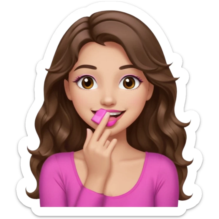 girl with long wavy brown hair, brown eyes, long lashes makeup, pink lips, light to medium complexion, pink sexy top, smiling, hand covering mouth, giggling sticker