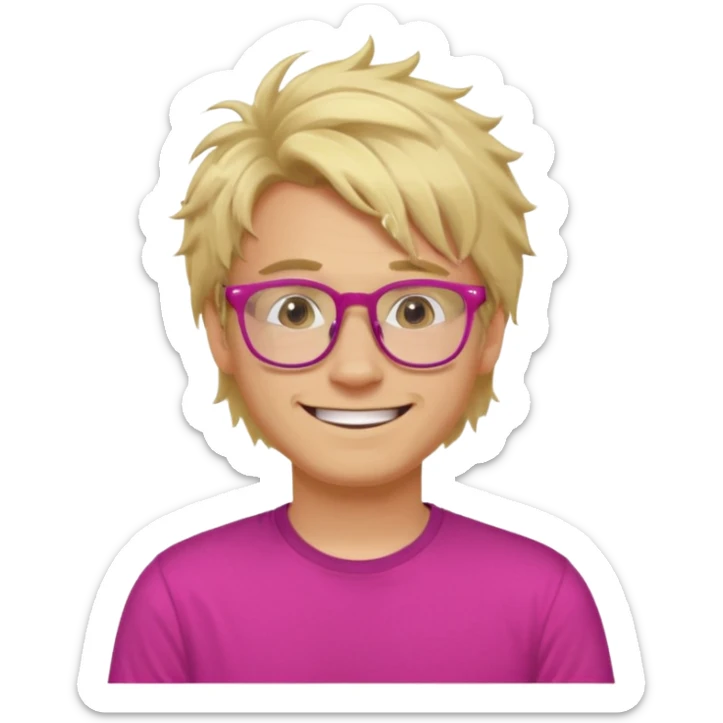 A blond guy with messy hair is smiling. He wear glasses and a fushia T-shirt sticker