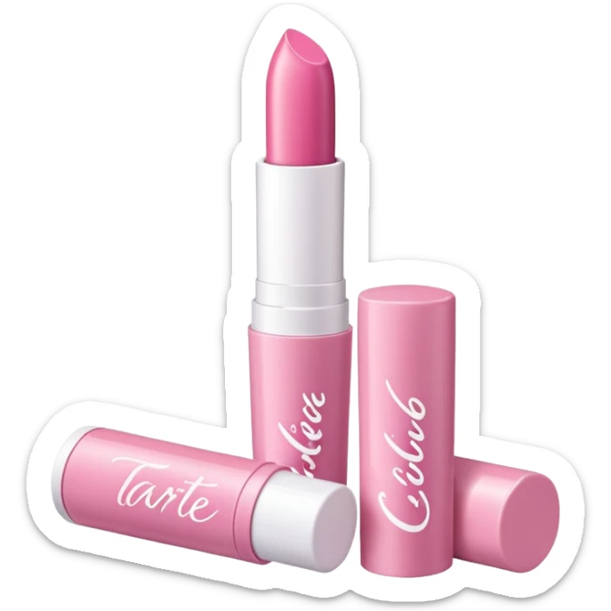 The image is of a pink lipstick from the brand Tarte. The lipstick is in a cylindrical tube with a white cap. The tube is made of plastic and has the brand name "Tarte" written in white cursive letters on the front. The cap is also pink and appears to be slightly open. The background is plain white. sticker