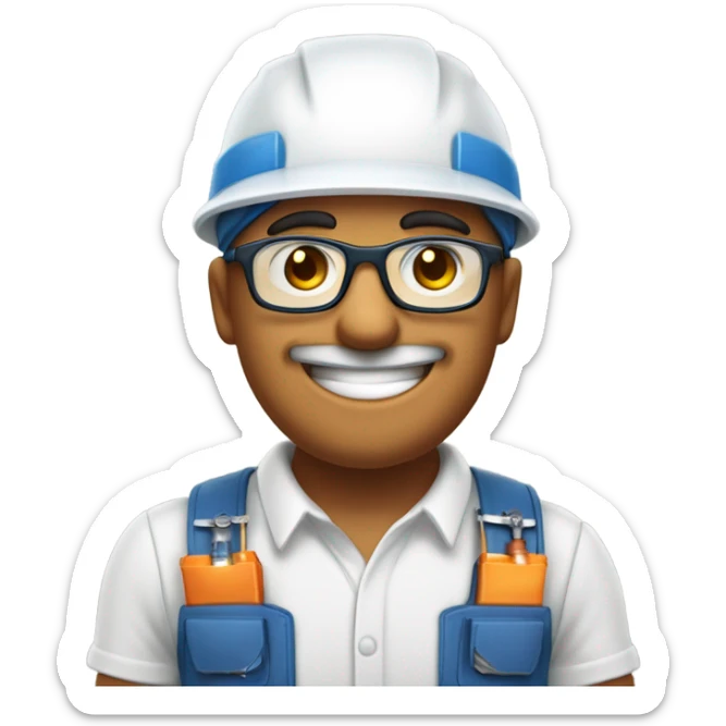 Tecnico electricista, con chaleco azul y gorra, gafas de trabajo, hombre, saludando con una mano dedo pulgar arriba, mirando de medio lado, feliz sticker