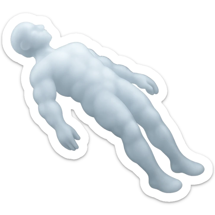 unconscious person side view, body flying upwards, limbs down, made of bright white fluffy clouds, matte glass style sticker