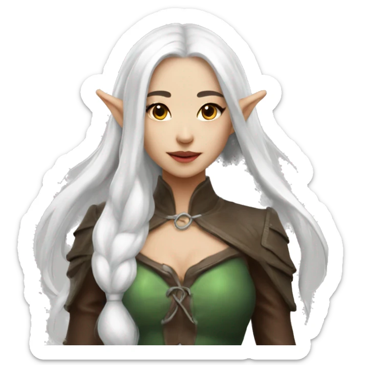 Asian feminine full body slim long white hair elf leather costume sticker