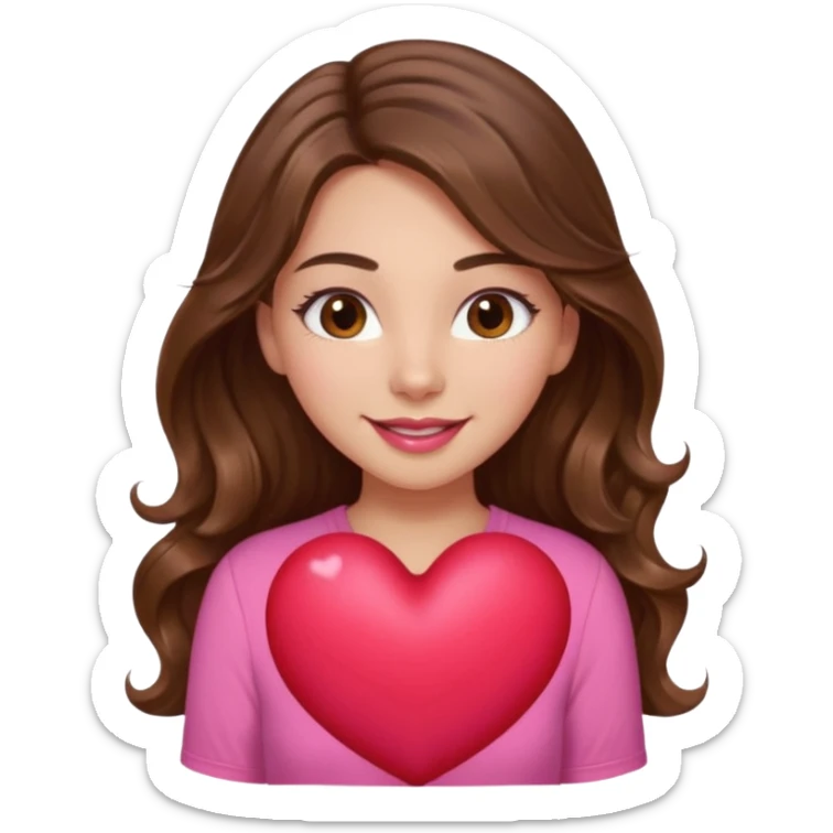 girl with long wavy brown hair, brown eyes, light to medium complexion, in a pink shirt, pink lips, long lashes, smiling, squeezing a big heart sticker