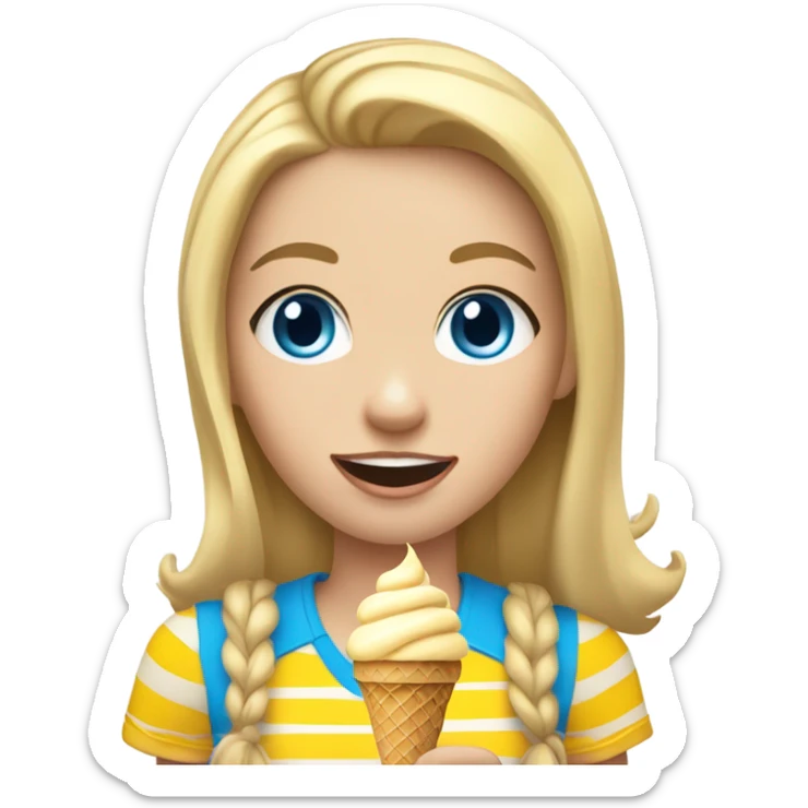Girl with blonde hair, blue eyes, yellow striped shirt, holding vanilla ice cream cone sticker