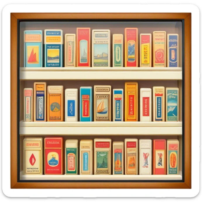 Icon for Matchbox Collecting: a collection of vintage and colorful matchboxes from different places, neatly displayed in a row or in a display case. The icon should reflect the uniqueness and diversity of matchbox collecting. Transparent background. sticker
