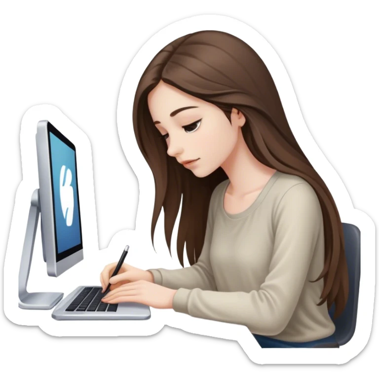 beautiful pale brunette girl with long hair editing photos on her computer looking down sticker