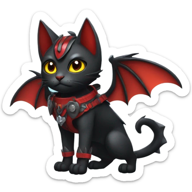 Cool Edgy Ethereal Fantasy Litten-Nargacuga-Cat with black bat-wing-ears with a red harness full body sticker
