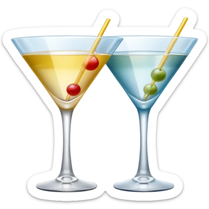 two realistic glasses of cocktail in emoji style,  martini glass shape, no straw, no fruit, no ice, no Cocktail sticks sticker
