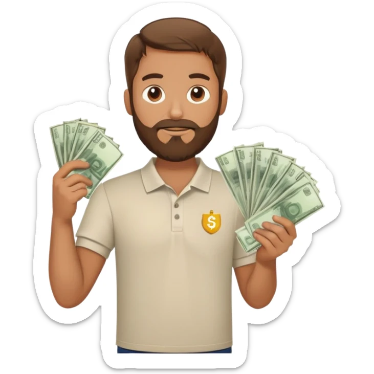bearded brown-haired man in a polo shirt holding bundles of bills sticker