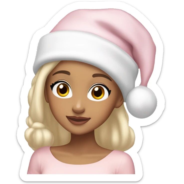 Ariana grande in a light pink christmas outfit wearing a light pink and white christmas hat with short light cold blonde hair sticker
