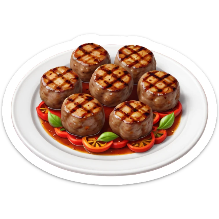 Akçaabat meatballs object icon, grilled Turkish kofte pieces on a plate, smoky char marks, juicy texture, served with grilled peppers and tomatoes, 3D cartoon, mobile game icon style, centered, clean background, no text, no watermark
 sticker