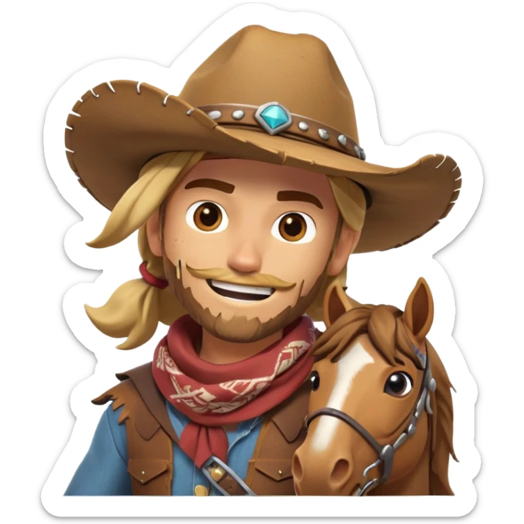 clash-of-clans-aesthetic_-cinematic-playful-cowboy-portrait-emoji, head-tilted with a roguish, cheeky grin and twinkling eyes, featuring a rugged, spirited build with a wide-brimmed cowboy hat and a weathered bandana on tan skin, riding a powerful galloping horse with dynamic flowing mane, reins gripped firmly in one hand and a lasso in the other, as dust swirls behind them in a vast desert landscape. sticker