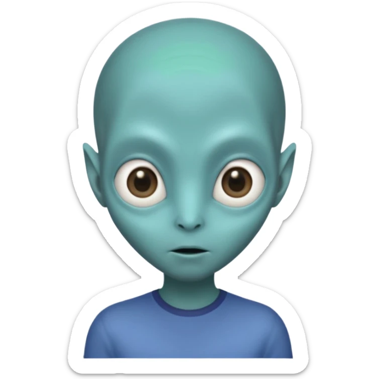 Portrait of an alien with smooth greenish-blue skin, large black oval eyes, small nose, and no visible ears, elongated head, front-facing, wearing brown t-shirt, soft glow, simple futuristic design sticker