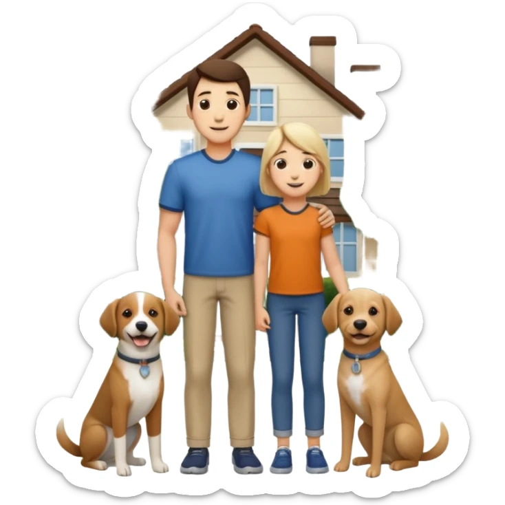1 Father 1 Mother and 1 young BOY who is half as tall as the parents, standing in front of their house with a dog next to them. Everyone should look VERY happy. There MUST be a house behind them with trees and plants sticker