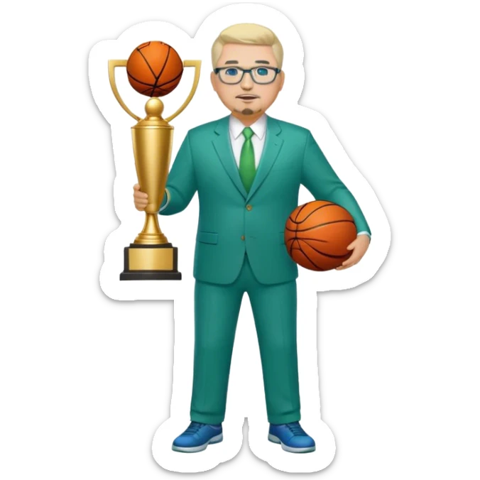 Full Body white fat male  wearing glasses with a goatee with light blonde gray very short hair basketball head Coach in blue and green suit holding trophy sticker