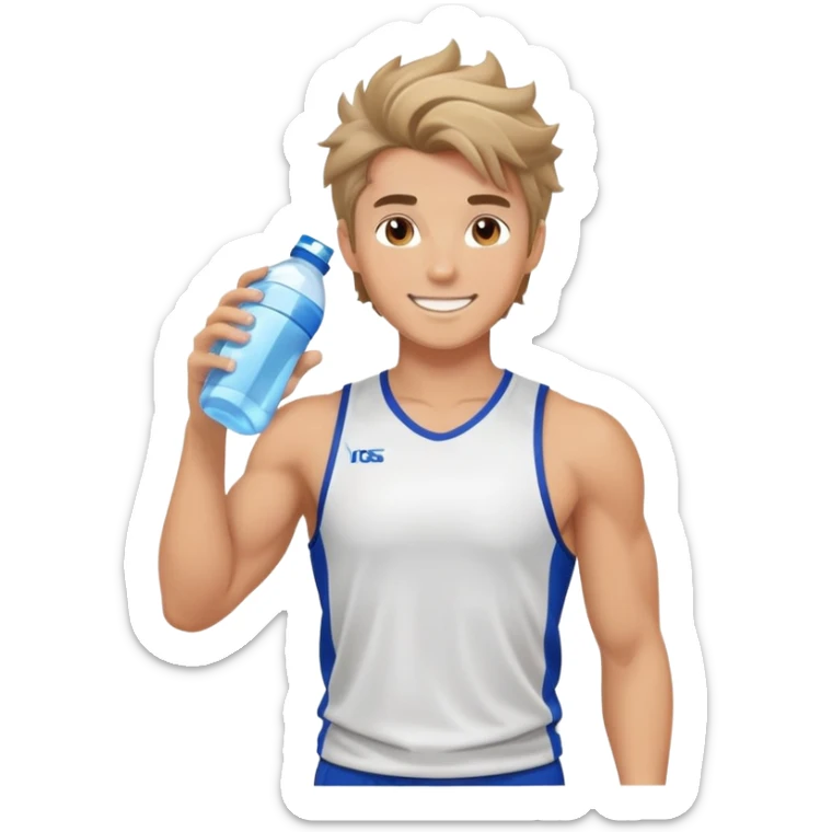 Pretty athletic boyfriend with tousled hair, wearing a sports jersey, holding a water bottle, glowing skin, confident smile, athletic build sticker