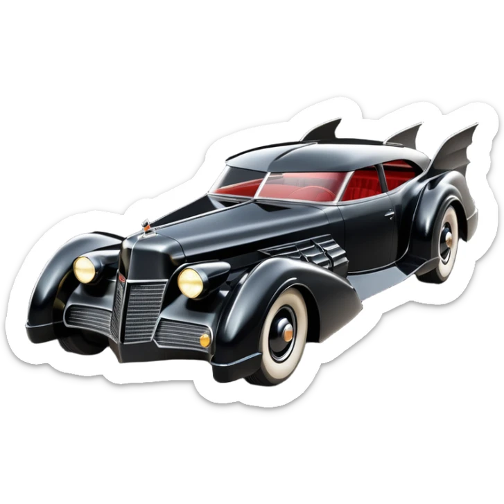  the animated series aerodynamic opulent dark futuristic concept Batmobile loosely based on 1936 V16 Cadillac wagon (flat long straight faceted mechanical body) winged stealthy street hot rod  sticker