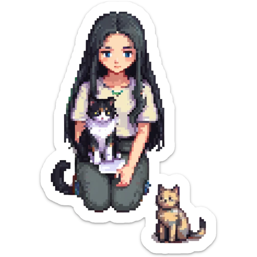 beautiful girl with long black hair sitting on floor petting a gray and blonde mixed cat, pixel art style sticker
