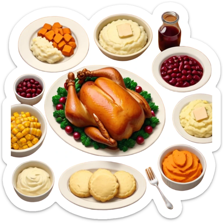Thanksgiving Dinner with 6 friends of all different races around the table; have the food be a cooked turkey, mashed potatoes, corn, a basket of biscuits, a small bowl of cranberry sauce, baked yams, steamed vegetables, and a bottle of wine. sticker