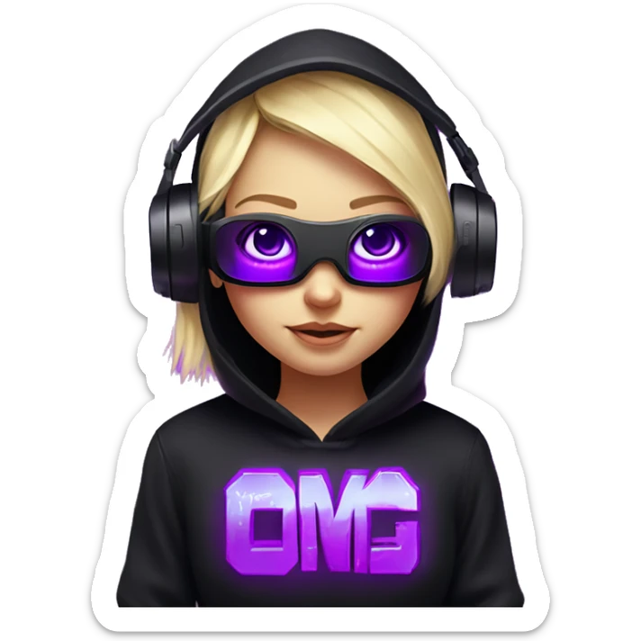 Russian cute blond girl wearing black hoody with violet letters "OMG", in vr headset. Cyberpunk style. Violet neon. sticker