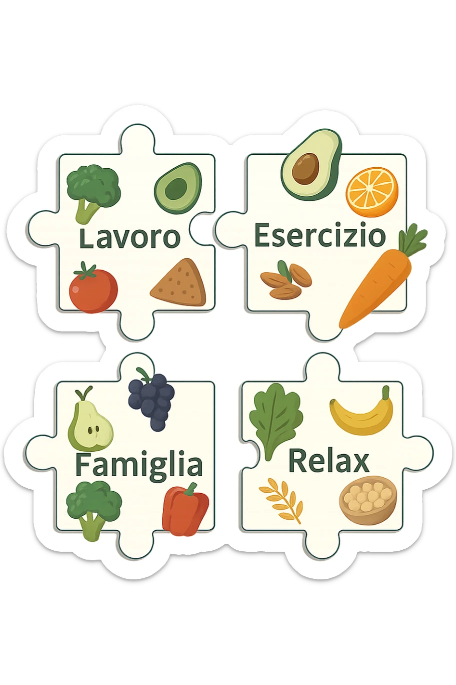 Puzzle (Lavoro, Esercizio, Famiglia, Relax), and healthy foods are integrated into each piece. in italiano sticker