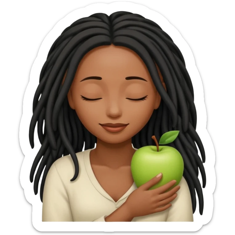 Soft feminine emoji with deep brown skin (Apple’s darkest), long black locs, eyes closed, gently cradling locs. Rounded, simple features, subtle smile. Clean, minimal Apple-style vector art, transparent background. sticker