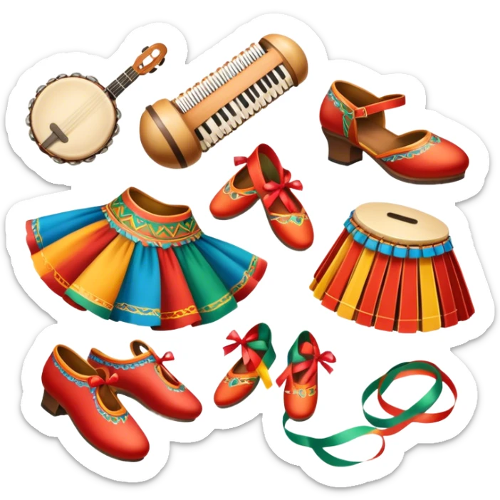 Humanless Icon for Folk Dance: close-up traditional dance shoes, colorful folk costumes, and a dance circle with ribbons and musical instruments like a tambourine or accordion. The icon should represent the vibrant and cultural aspects of folk dancing. Transparent background. sticker
