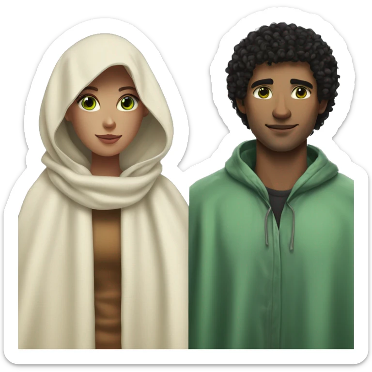 A women with pale skin and dark curly hair and a man with light dark skin, green eyes and black short hair cover in a blanket sticker