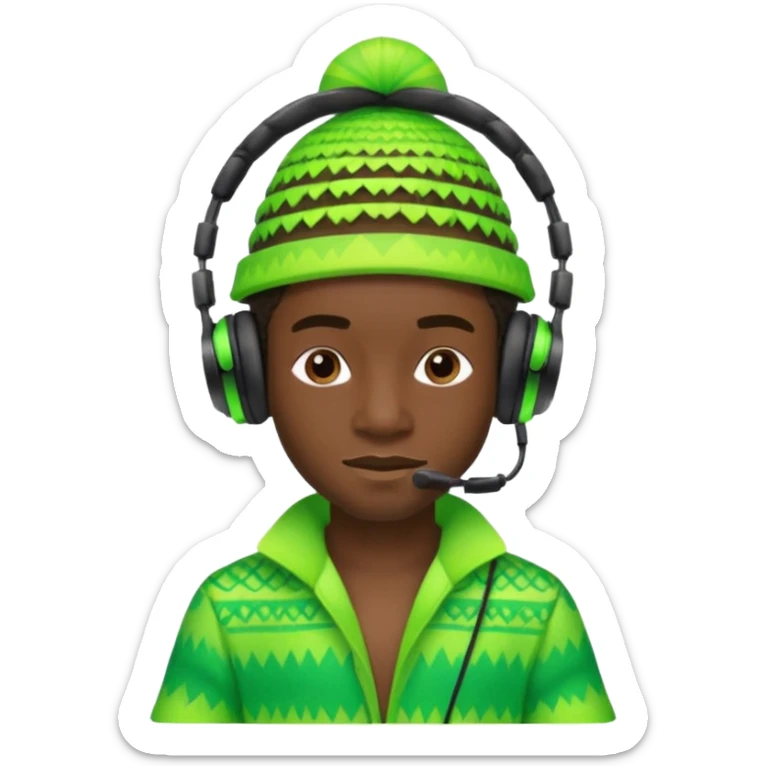 Create me an emoji of a cool Young Nigerian prince wearing a neon green gradient African patterns with  a hula hat (a Nigerian-inspired hat) and wearing cool headphones. sticker