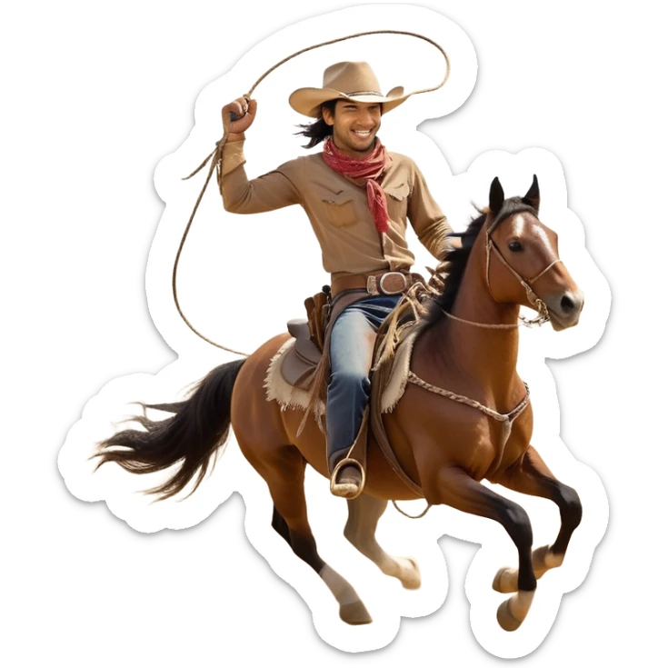 clash-of-clans-aesthetic_-cinematic-playful-cowboy-portrait-emoji, head-tilted with a roguish, cheeky grin and twinkling eyes, featuring a wide-brimmed cowboy hat and a weathered bandana on tan skin, riding a powerful galloping horse with dynamic flowing mane, reins gripped firmly in one hand and a lasso in the other, as dust swirls behind them in a vast desert landscape. sticker