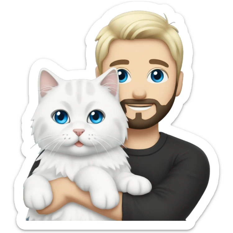 A guy with a black earing and black short hair and black beard and holding a all white Siberian cat with blue eyes  sticker