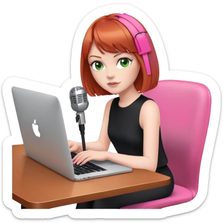 Cool Redhead Bob with fringe with green eyes sat at desk with pink MacBook and  podcast microphone black top and pink chair  sticker