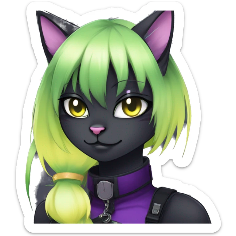 Gorgeous furry gothic dark techwear anime style anthro black cat furry sona Fakemon with blushing face yellow-green eyes with ponytail, aesthetic and pretty edgy black with violet collar and harness trending style sticker