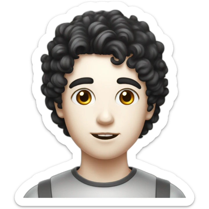 A side-portrait from the shoulders up of a pasty white teenage boy with dark black curly hair holding a chalice of milk sticker