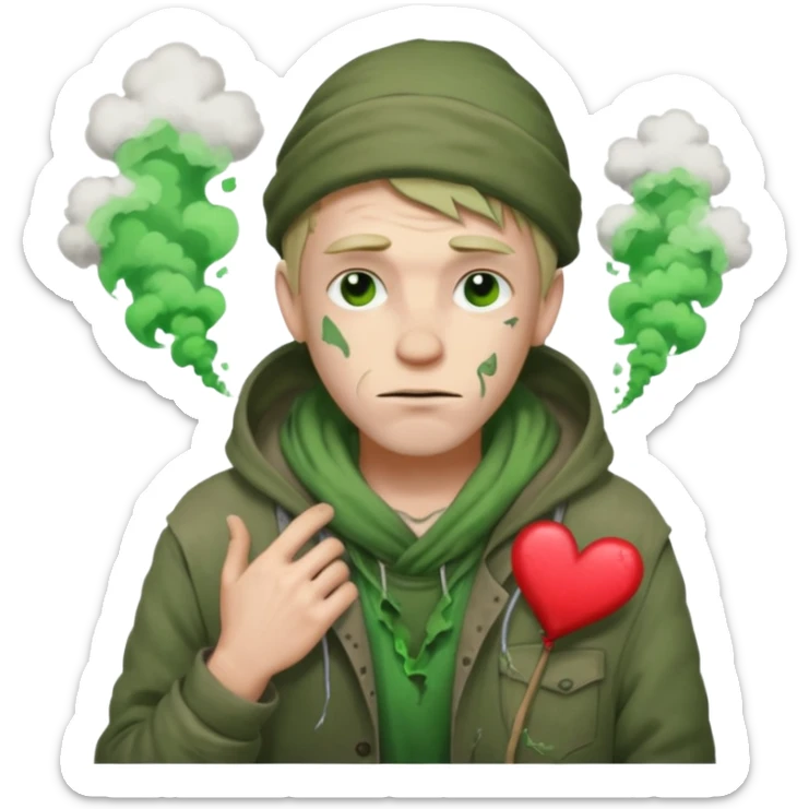 Homeless Caucasian male with green smoke around him and ripped clothes with valentines decor (no balloons) sticker